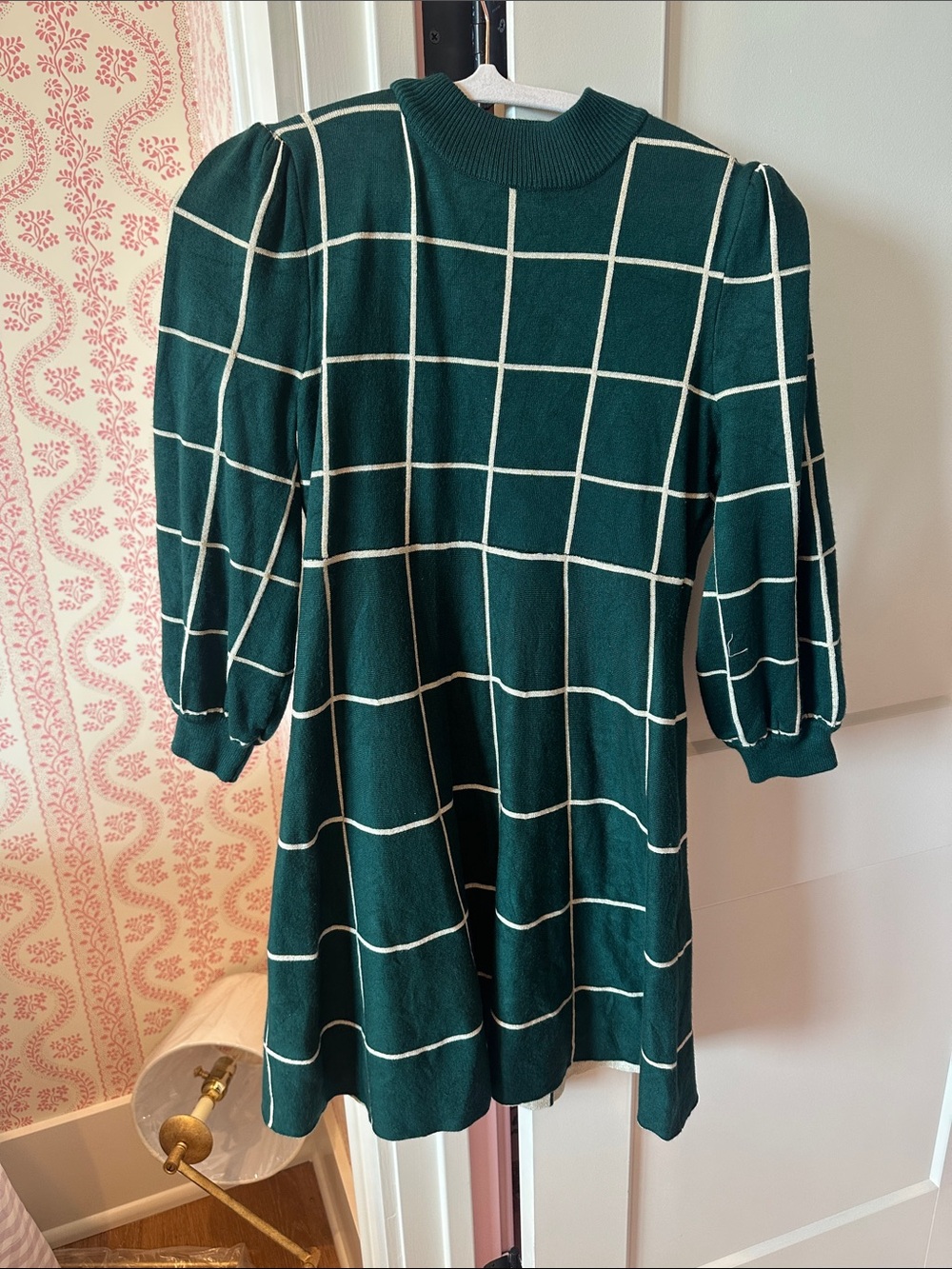 Girls Dark Green gold thread Windowpane sweater Dress with Puff Sleeves